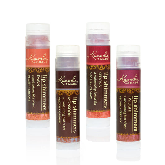 Kuumba Made Vegan Lip Shimmer- set of 4. Includes Dawn, Monsoon, Sedona, and Twilight.