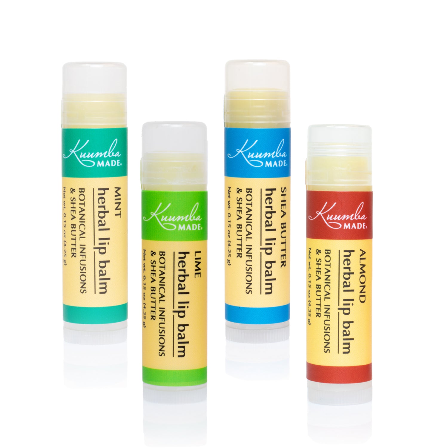 Set of 4 Herbal Lip Balms from Kuumba Made, includes Mint, Lime, Shea Butter, and Almond.