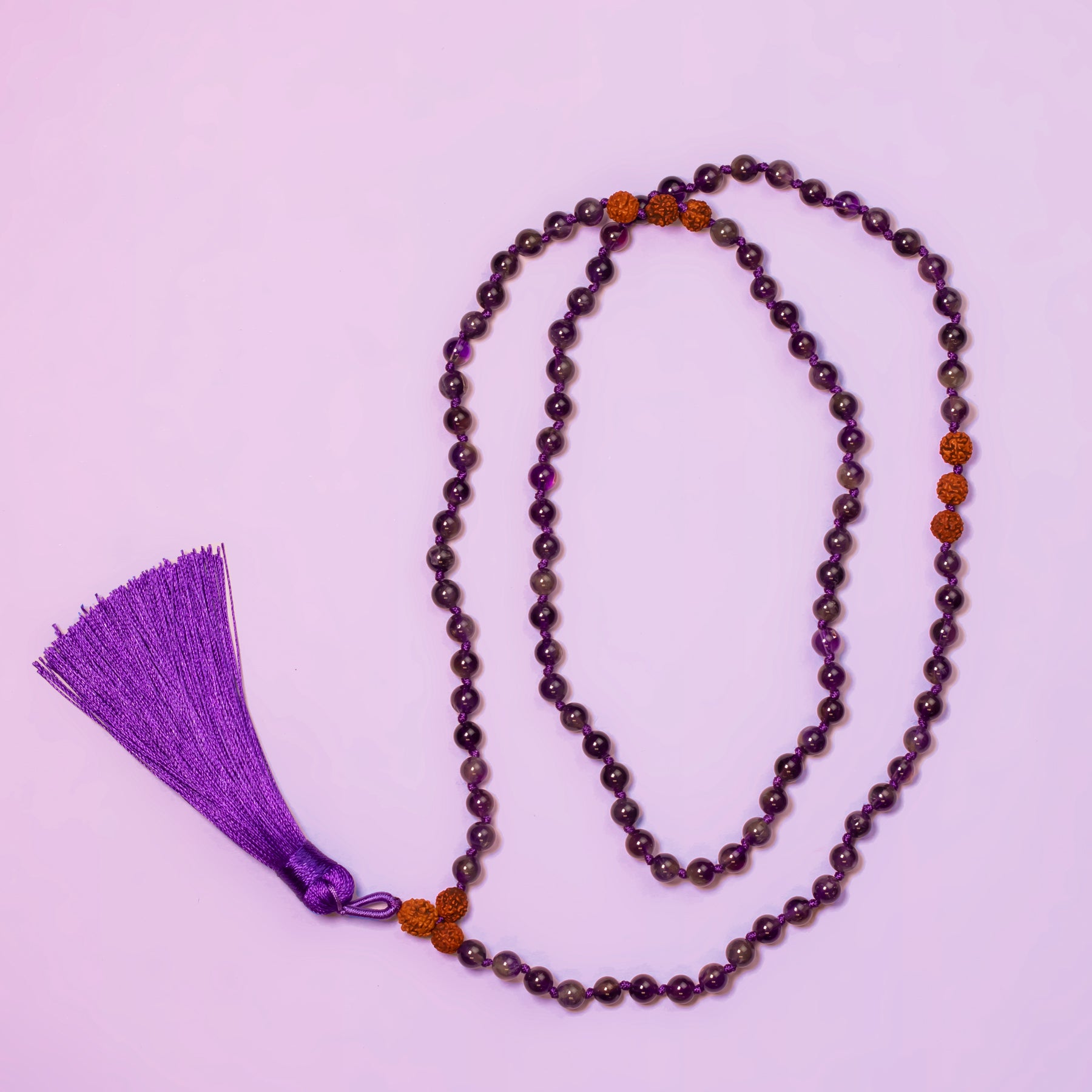Natural amethyst mala necklace with silk tassel