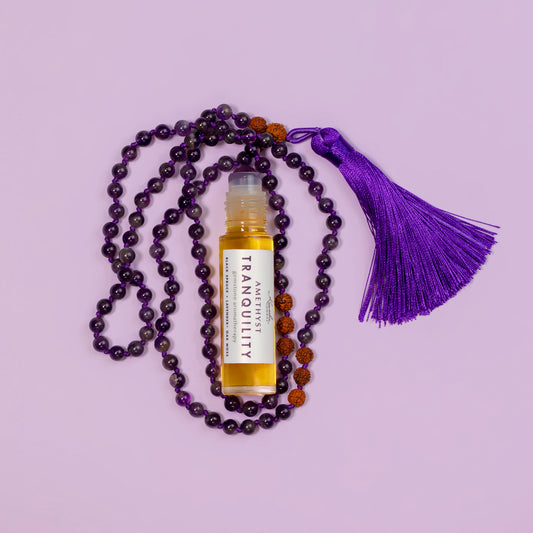 Amethyst Tranquility elixir with amethyst rollerball and natural amethyst mala necklace