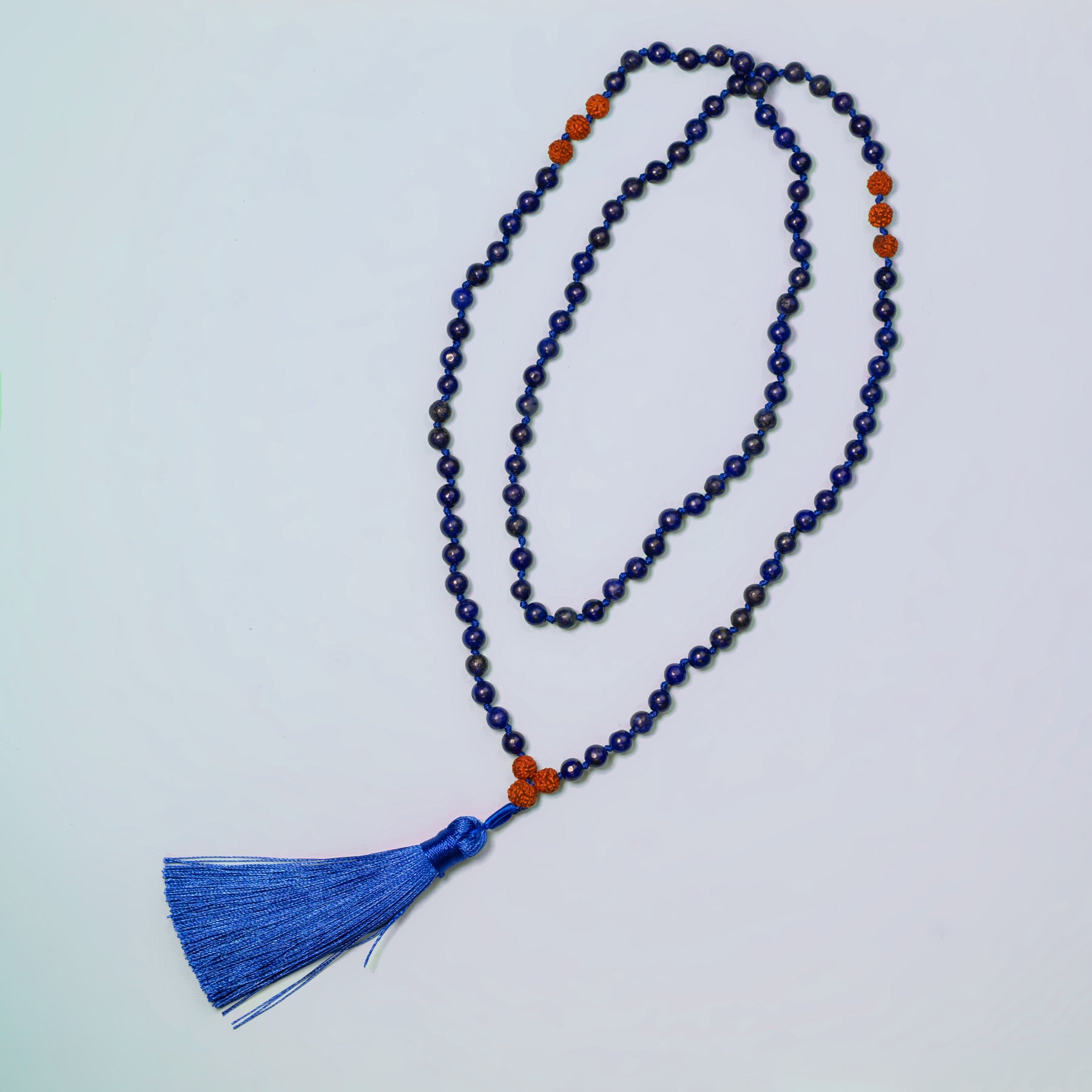 Natural lapis lazuli mala necklace with silk tassel