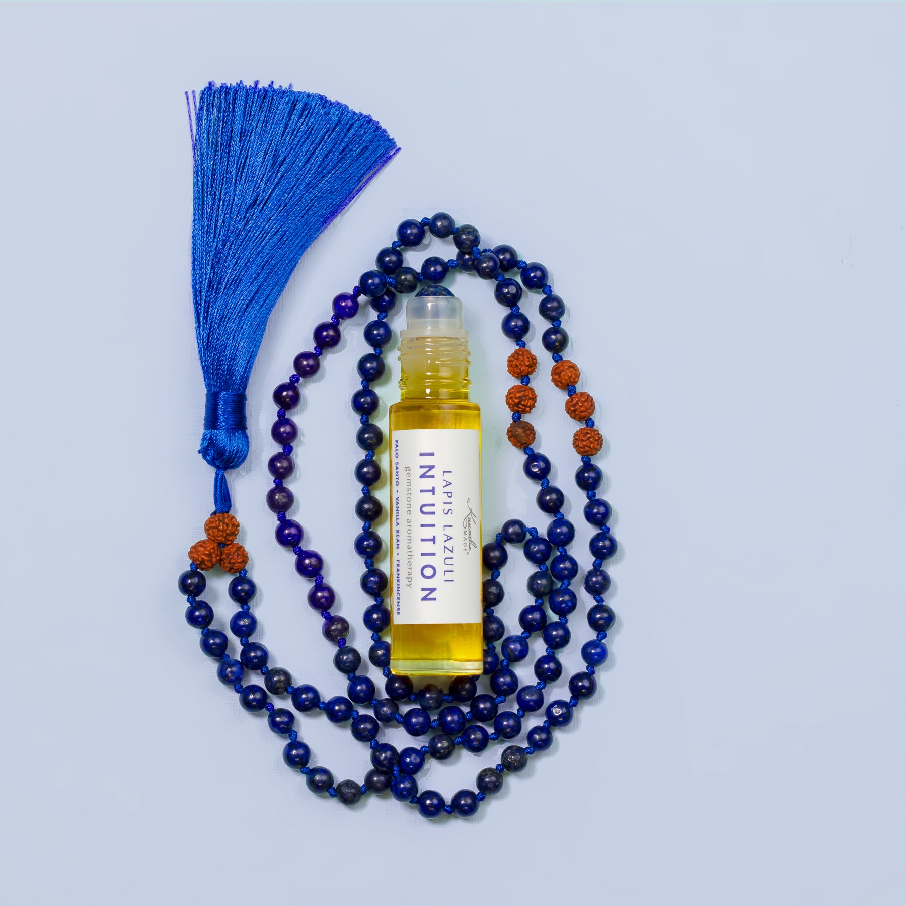 Lapis Lazuli aromatherapy elixir with amethyst rollerball and natural lapis lazuli mala necklace