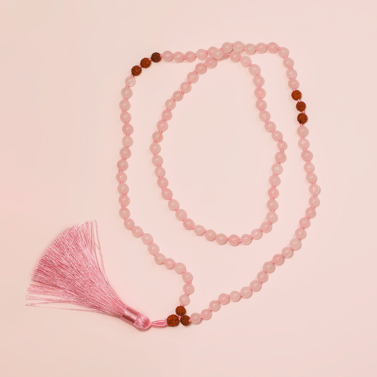 Natural rose quartz mala necklace with silk tassel