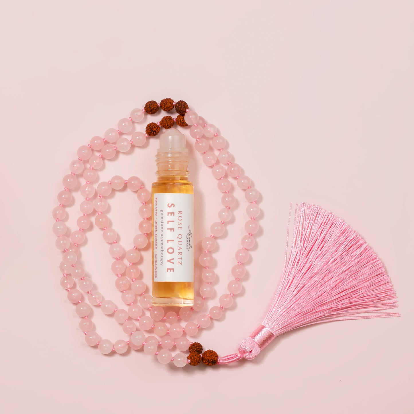 Rose Quartz Self Love gemstone aromatherapy elixir with amethyst rollerball and rose quartz lazuli mala necklace