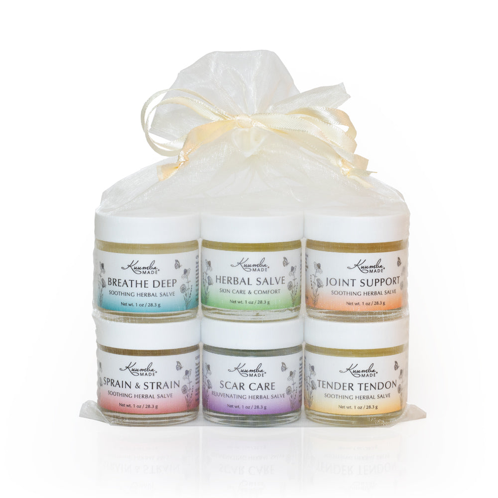 Kuumba Made Herbal Care Gift Set- includes 1oz jars of Breathe Deep, Herbal Salve, Joint Support, Sprain & Strain, Scare Care, and Tender Tendon.